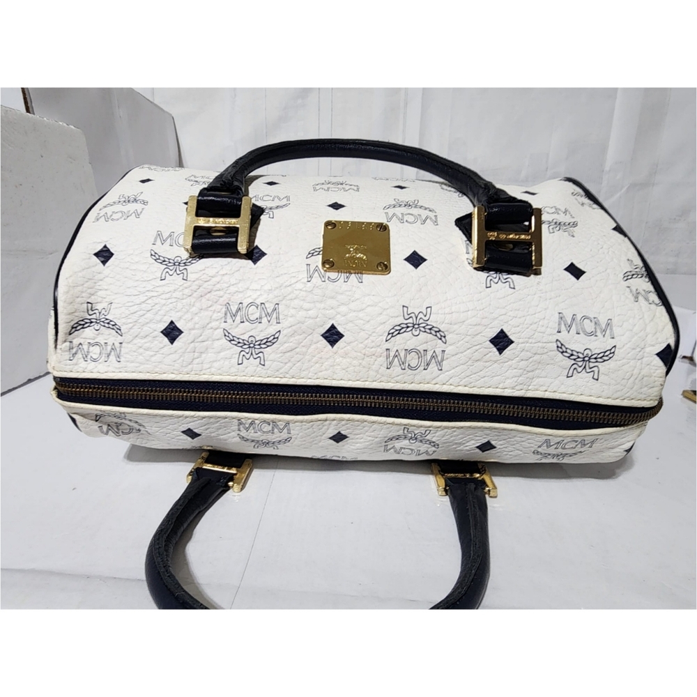 MCM Vintage Coated Canvas visetos Handle Bag Navy Blue/White - Picture 10 of 14
